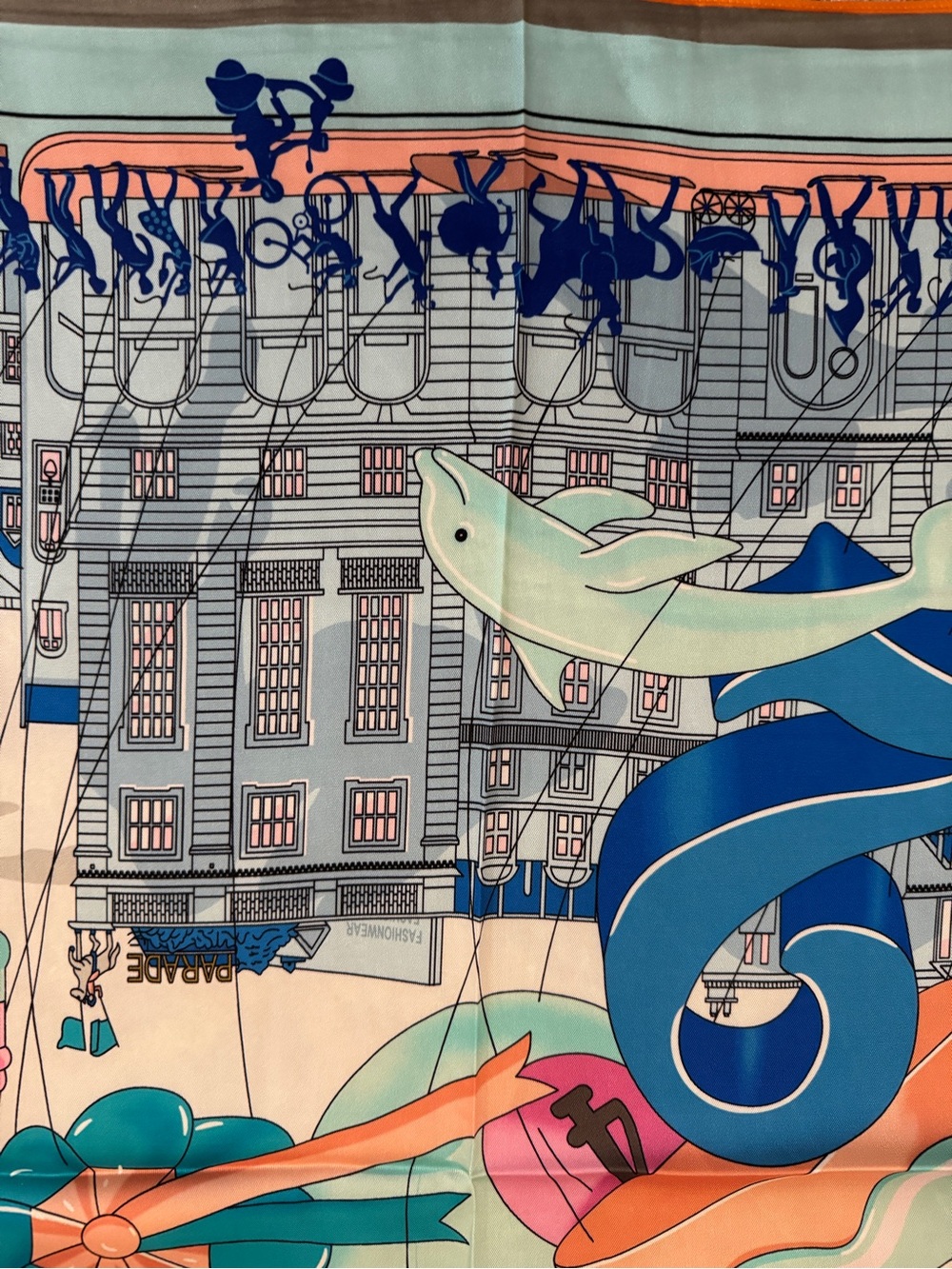Luxury 90cm Silk Scarf with Teal, Pink & Blue Illustration - Picture 5 of 6